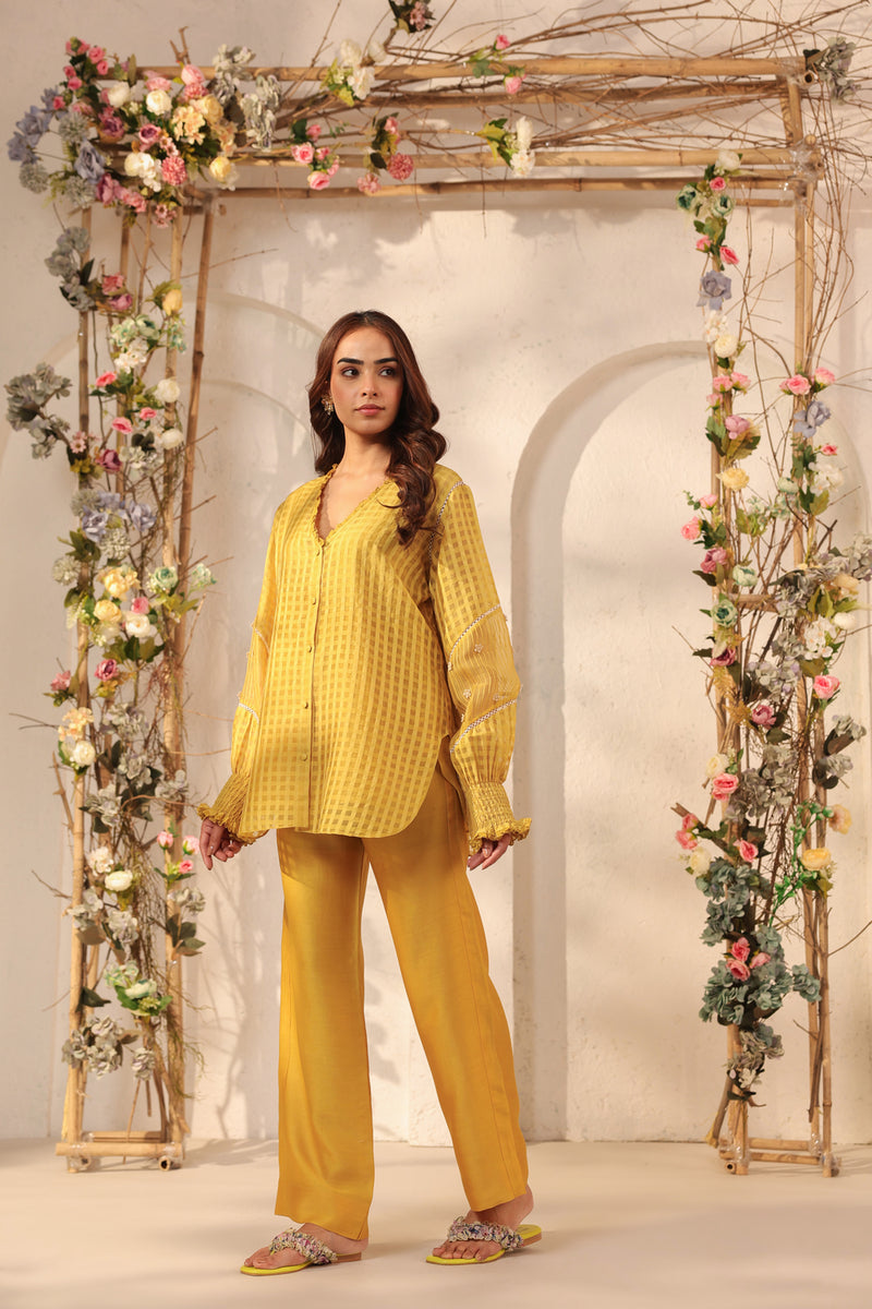 Vaayu Yellow V Neck Co ord Set silk chanderi , silk tencel kurta/kurta set by Niti Bothra in yellow for women Worldwide
