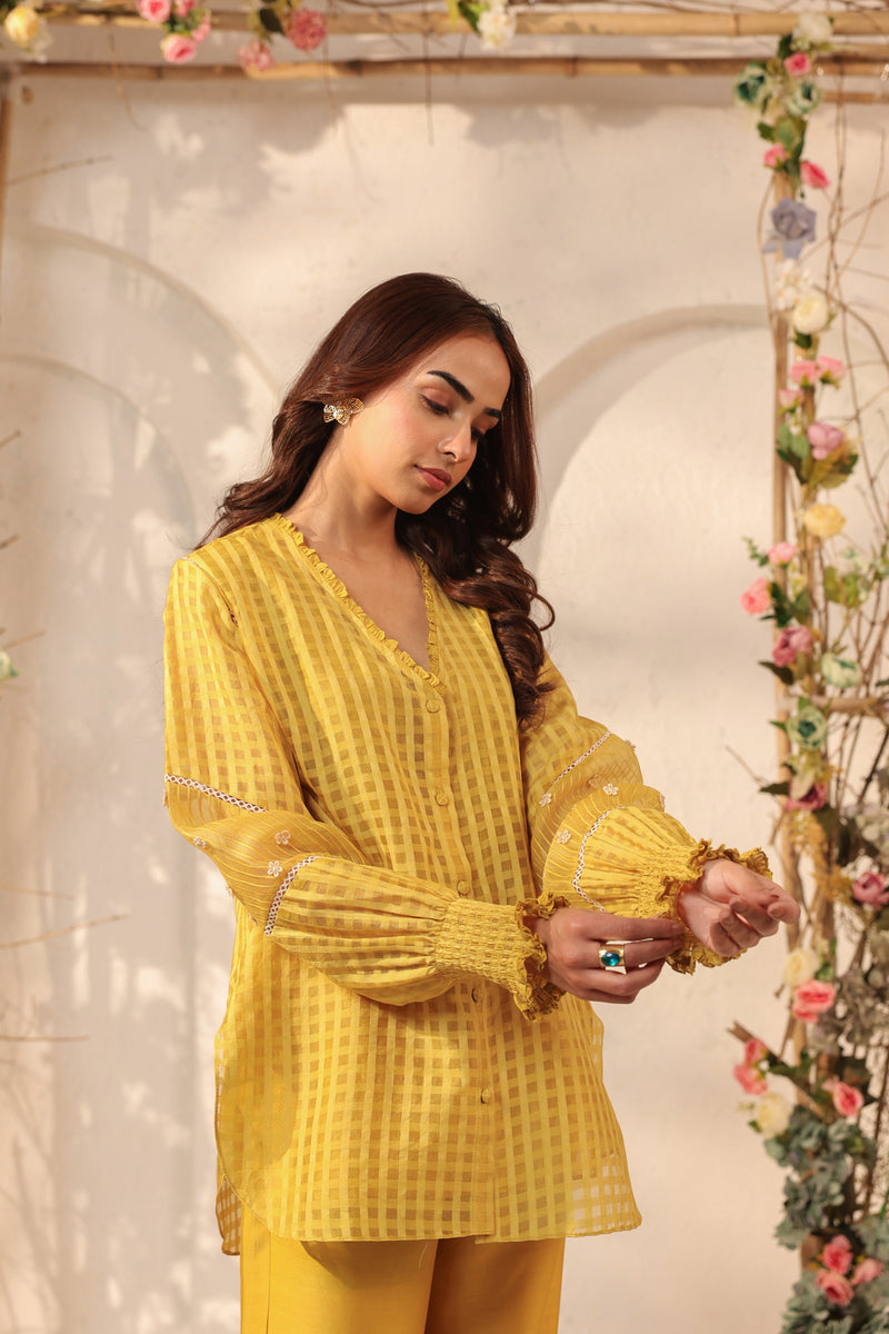 Vaayu Yellow V Neck Co ord Set silk chanderi , silk tencel kurta/kurta set by Niti Bothra in yellow for women Worldwide
