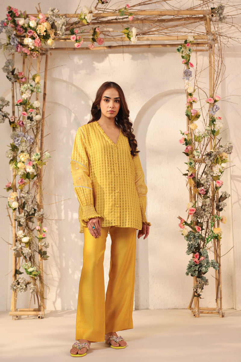Vaayu Yellow V Neck Co ord Set silk chanderi , silk tencel kurta/kurta set by Niti Bothra in yellow for women Worldwide
