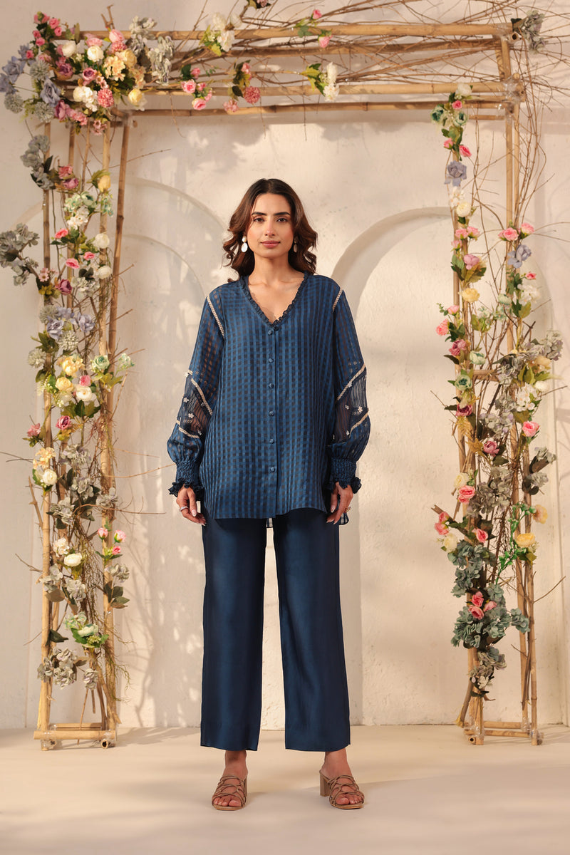Vaayu Dark Blue V Neck Co ord Set silk chanderi , silk tencel kurta/kurta set by Niti Bothra in dark blue for women Worldwide