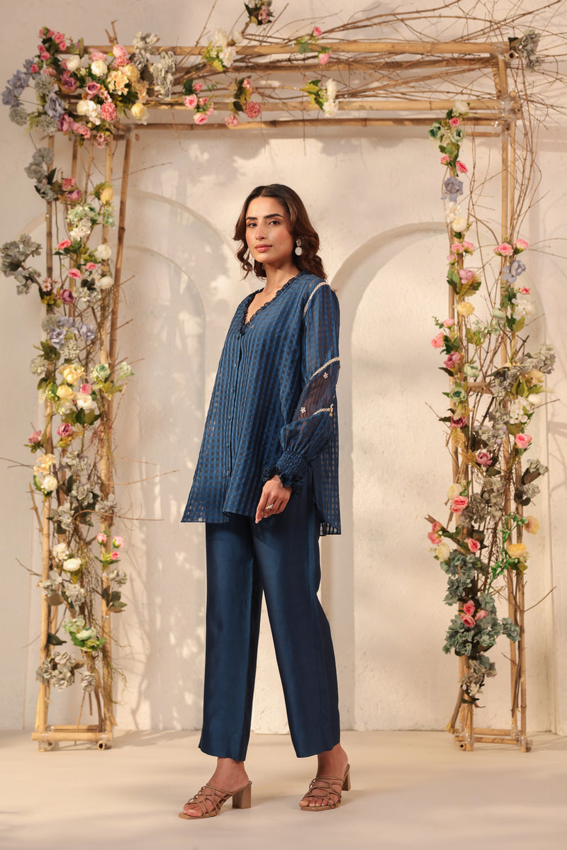 Vaayu Dark Blue V Neck Co ord Set silk chanderi , silk tencel kurta/kurta set by Niti Bothra in dark blue for women Worldwide