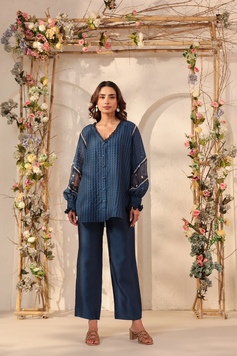 Vaayu Dark Blue V Neck Co ord Set silk chanderi , silk tencel kurta/kurta set by Niti Bothra in dark blue for women Worldwide