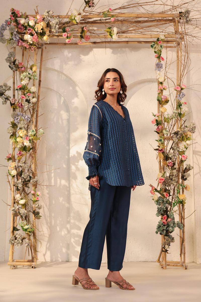 Vaayu Dark Blue V Neck Co ord Set silk chanderi , silk tencel kurta/kurta set by Niti Bothra in dark blue for women Worldwide