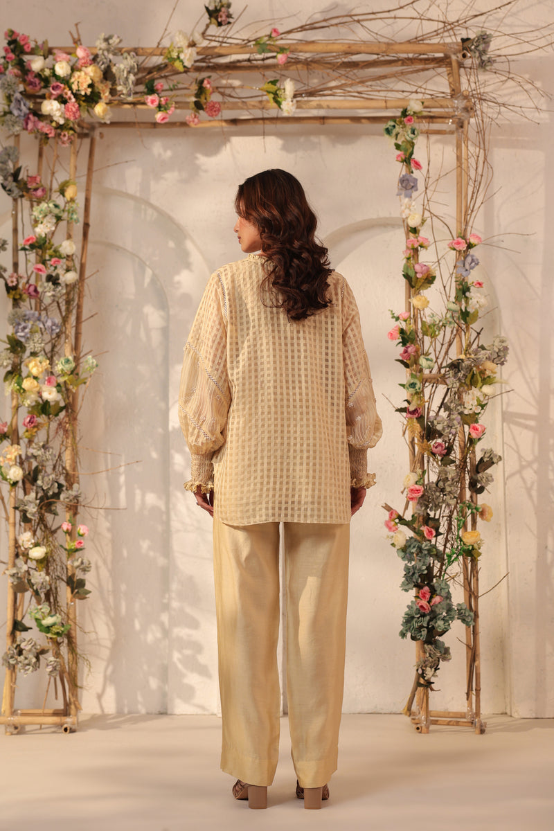 Vaayu Beige V Neck Co ord Set silk chanderi , silk tencel kurta/kurta set by Niti Bothra in beige for women Worldwide