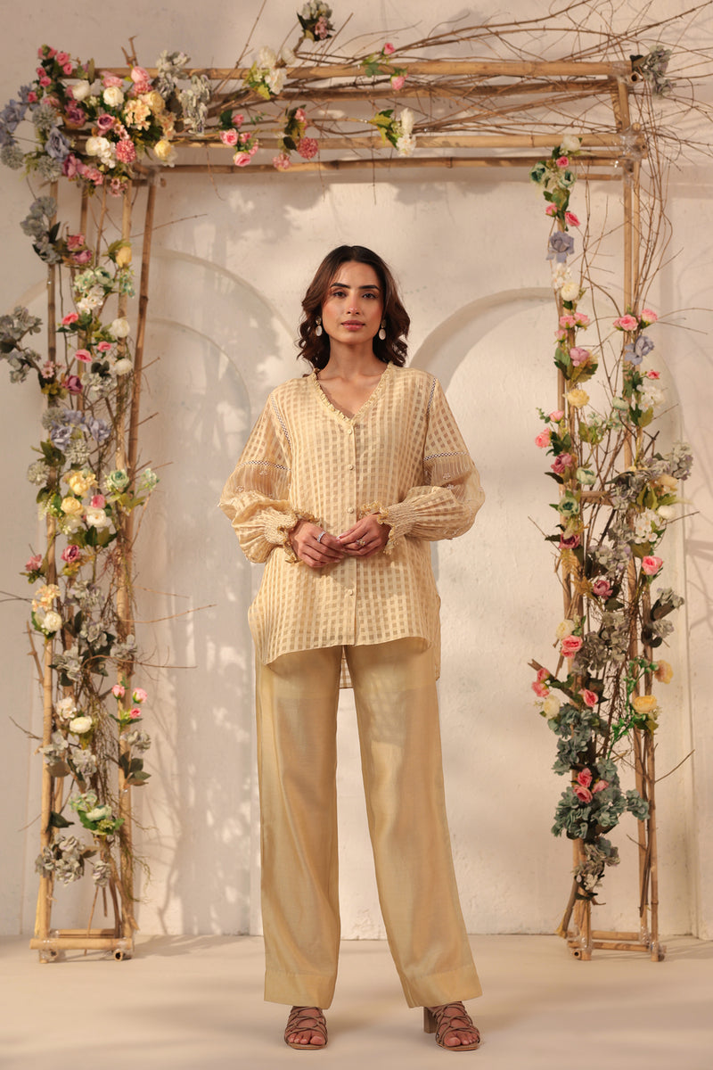 Vaayu Beige V Neck Co ord Set silk chanderi , silk tencel kurta/kurta set by Niti Bothra in beige for women Worldwide