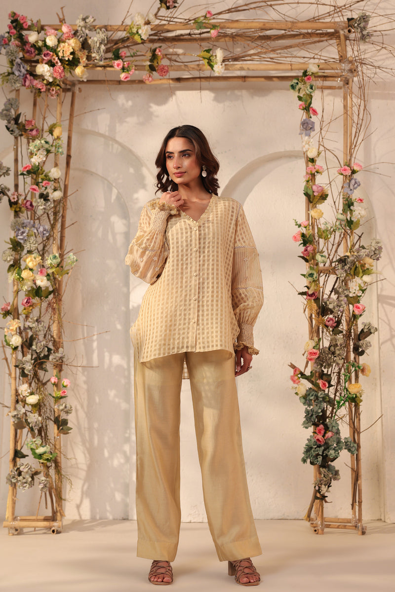 Vaayu Beige V Neck Co ord Set silk chanderi , silk tencel kurta/kurta set by Niti Bothra in beige for women Worldwide
