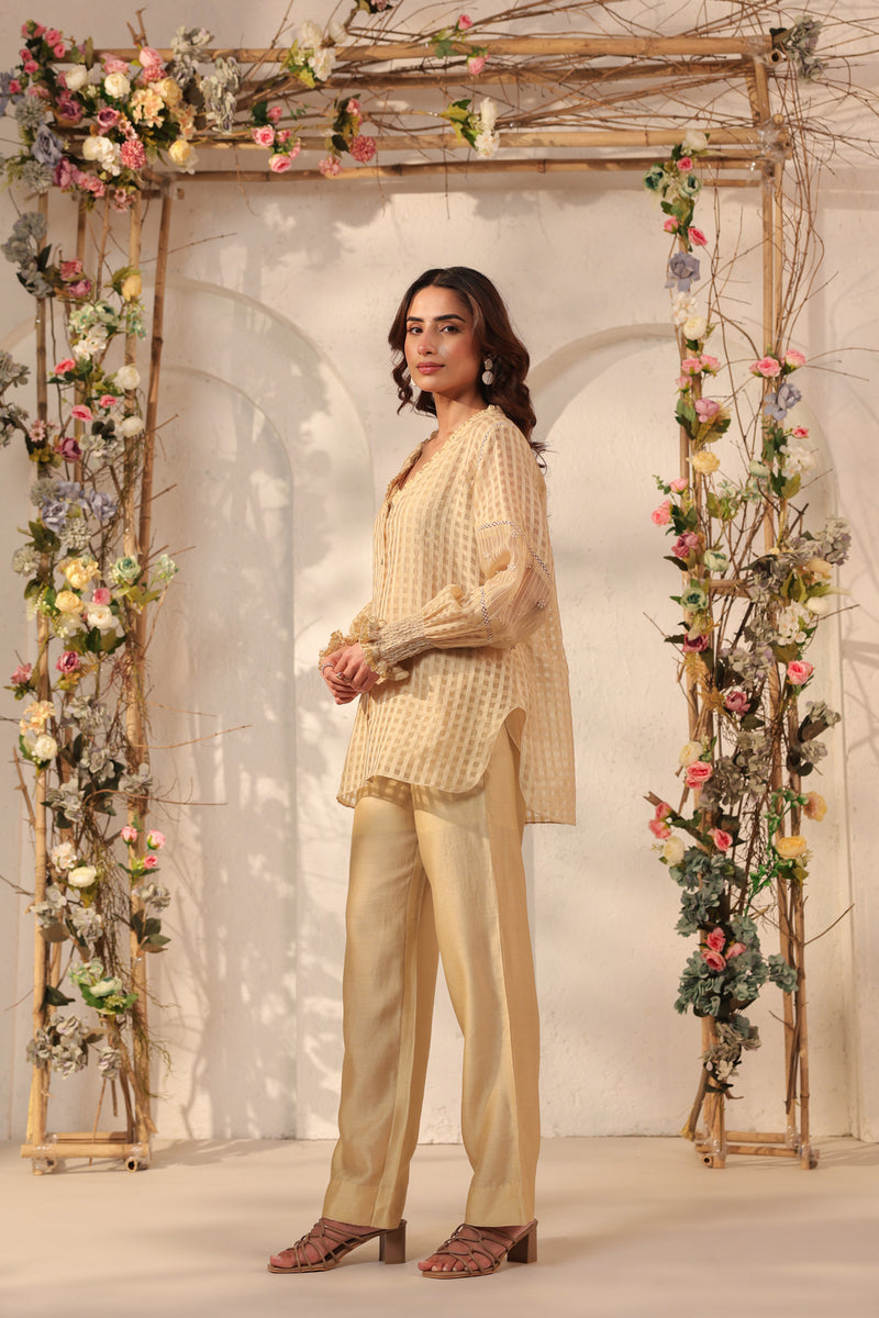 Vaayu Beige V Neck Co ord Set silk chanderi , silk tencel kurta/kurta set by Niti Bothra in beige for women Worldwide