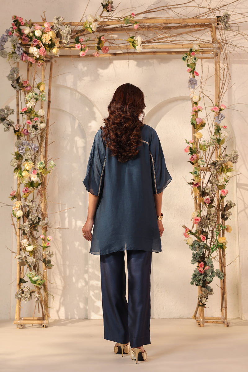 Vaayu Dark Blue Collar Co-ord Set silk tencel kurta/kurta set by Niti Bothra in dark blue for women Worldwide