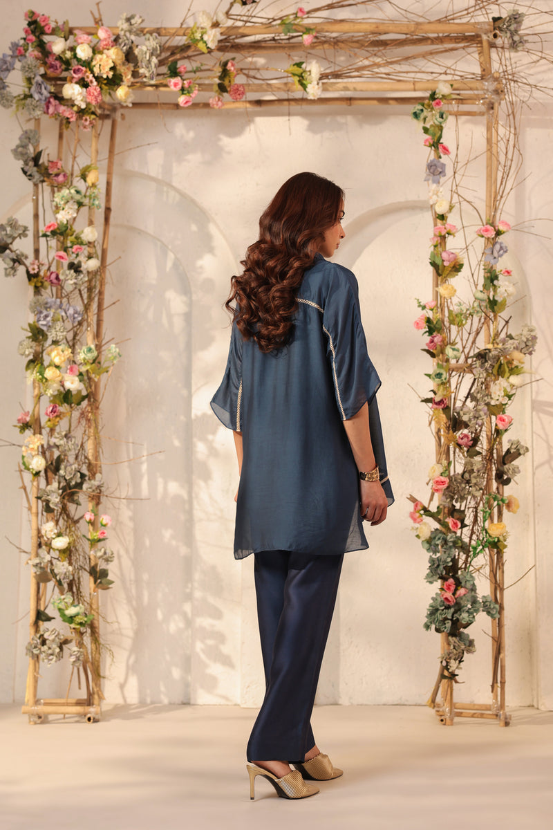 Vaayu Dark Blue Collar Co-ord Set silk tencel kurta/kurta set by Niti Bothra in dark blue for women Worldwide