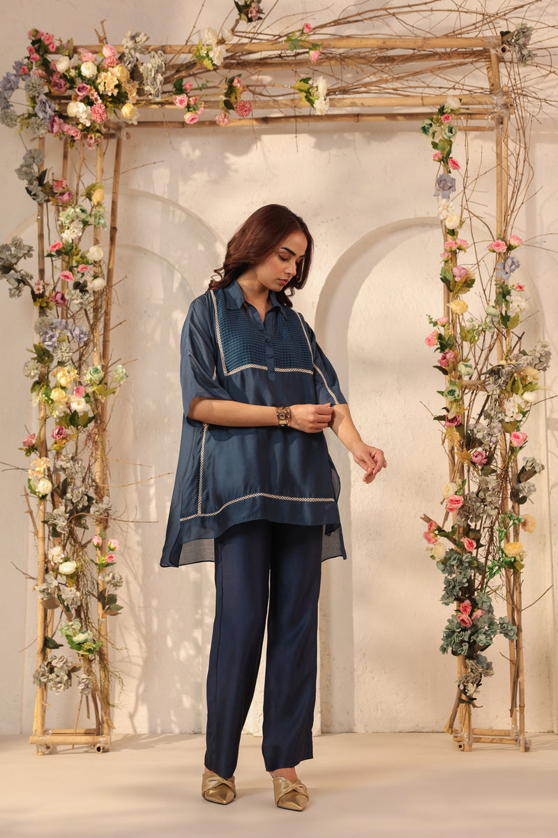 Vaayu Dark Blue Collar Co-ord Set silk tencel kurta/kurta set by Niti Bothra in dark blue for women Worldwide