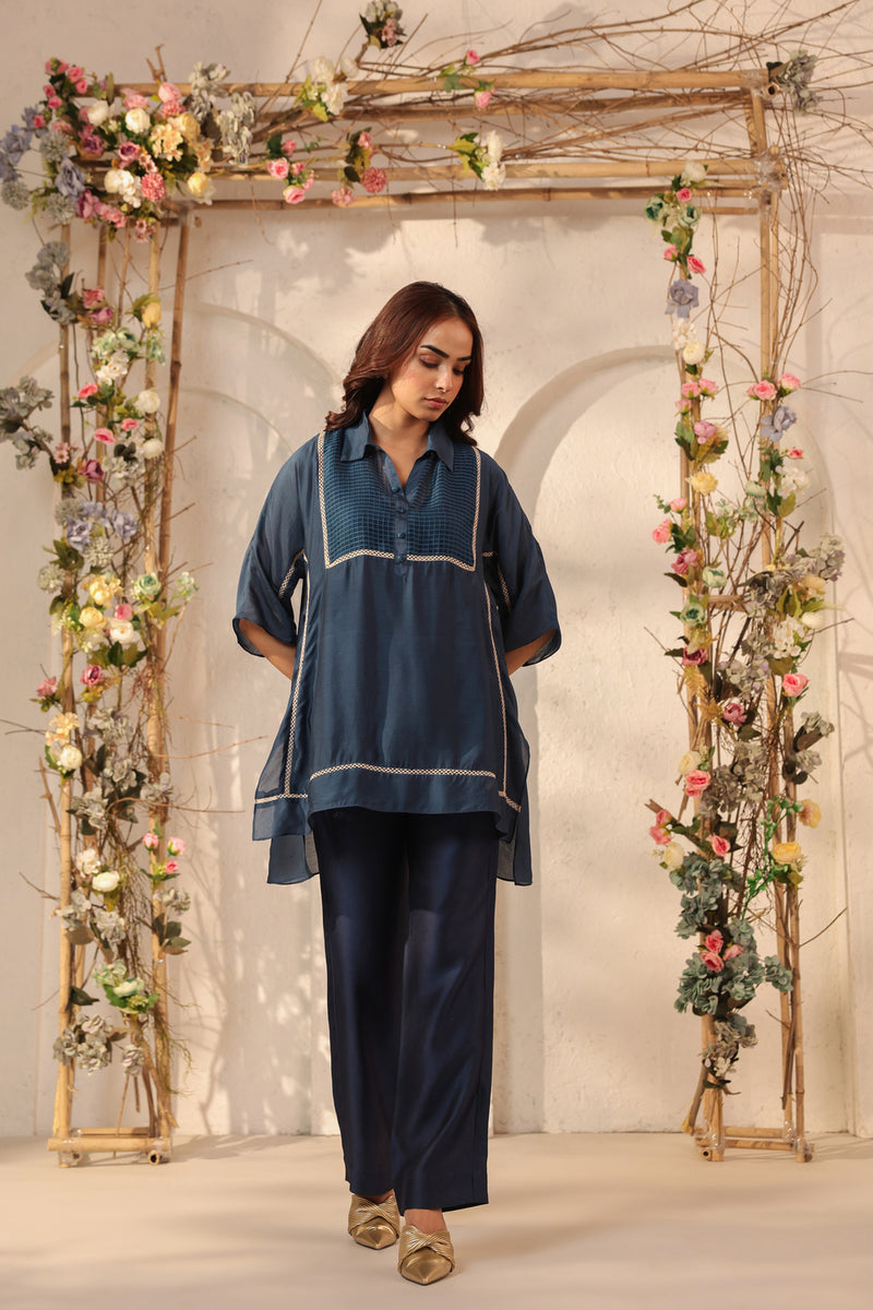 Vaayu Dark Blue Collar Co-ord Set silk tencel kurta/kurta set by Niti Bothra in dark blue for women Worldwide