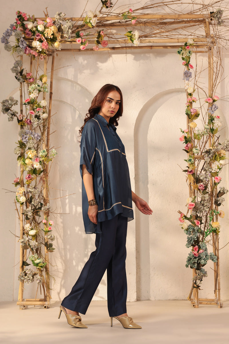 Vaayu Dark Blue Collar Co-ord Set silk tencel kurta/kurta set by Niti Bothra in dark blue for women Worldwide