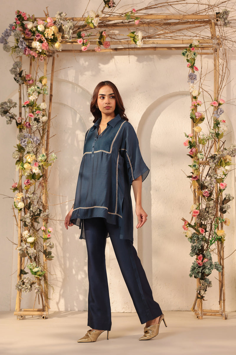 Vaayu Dark Blue Collar Co-ord Set silk tencel kurta/kurta set by Niti Bothra in dark blue for women Worldwide