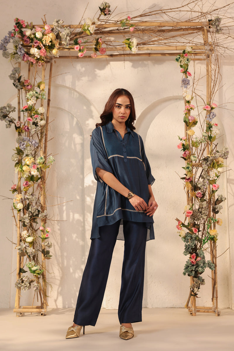 Vaayu Dark Blue Collar Co-ord Set silk tencel kurta/kurta set by Niti Bothra in dark blue for women Worldwide