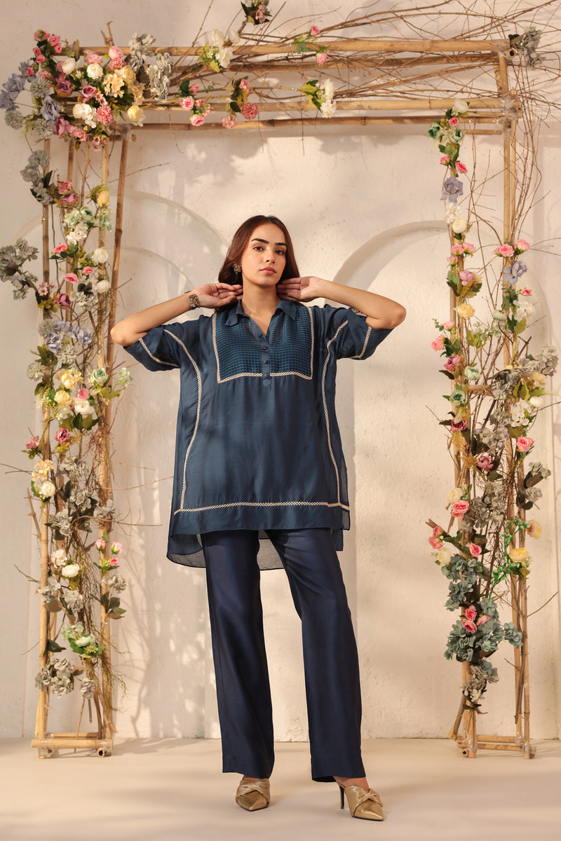 Vaayu Dark Blue Collar Co-ord Set silk tencel kurta/kurta set by Niti Bothra in dark blue for women Worldwide