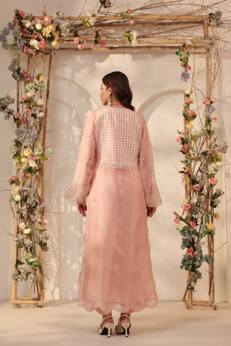 Vaayu Light Pink Heavy Jaal Scallop Kurta Set silk chanderi , silk tencel kurta/kurta set by Niti Bothra in light pink for women Worldwide