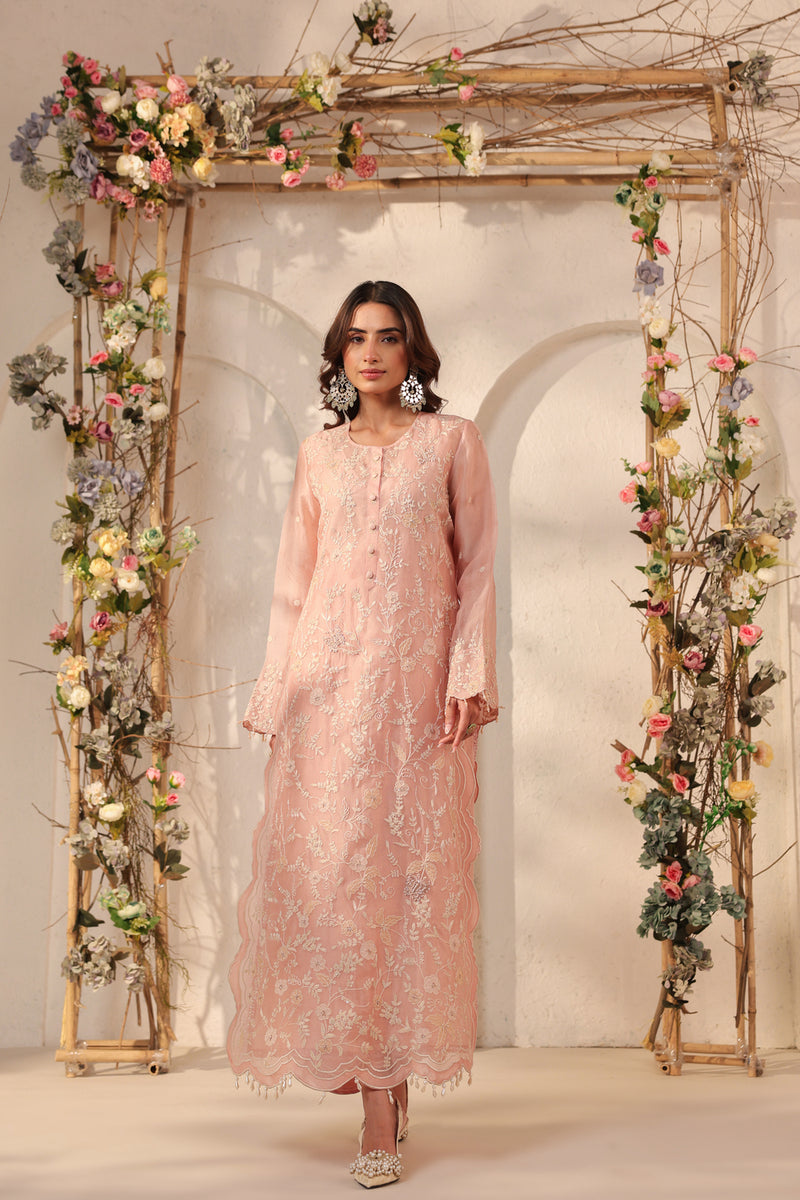 Vaayu Light Pink Heavy Jaal Scallop Kurta Set silk chanderi , silk tencel kurta/kurta set by Niti Bothra in light pink for women Worldwide