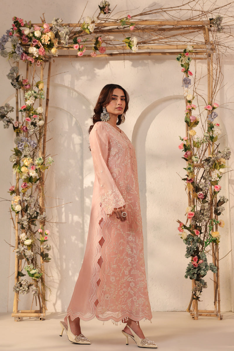 Vaayu Light Pink Heavy Jaal Scallop Kurta Set silk chanderi , silk tencel kurta/kurta set by Niti Bothra in light pink for women Worldwide