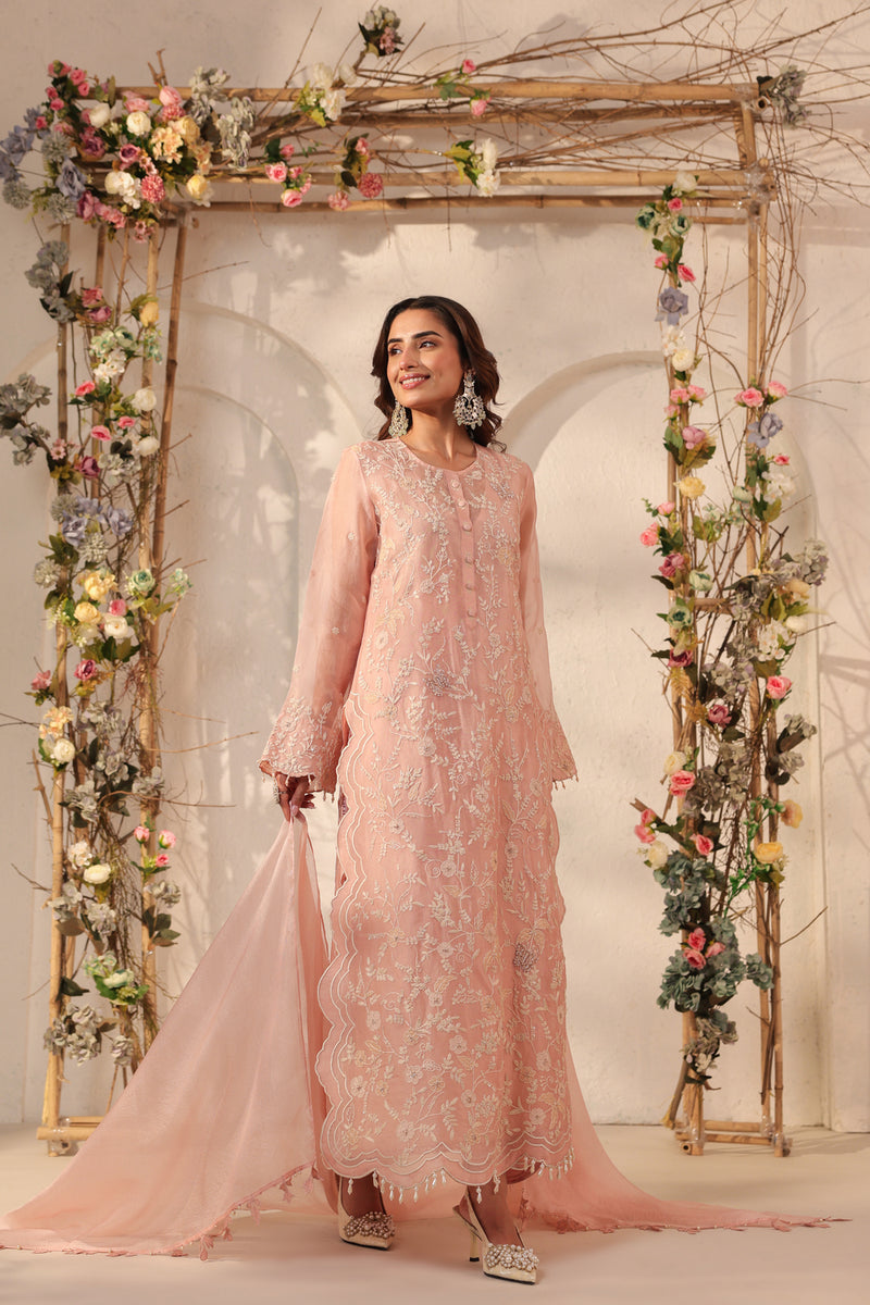 Vaayu Light Pink Heavy Jaal Scallop Kurta Set silk chanderi , silk tencel kurta/kurta set by Niti Bothra in light pink for women Worldwide
