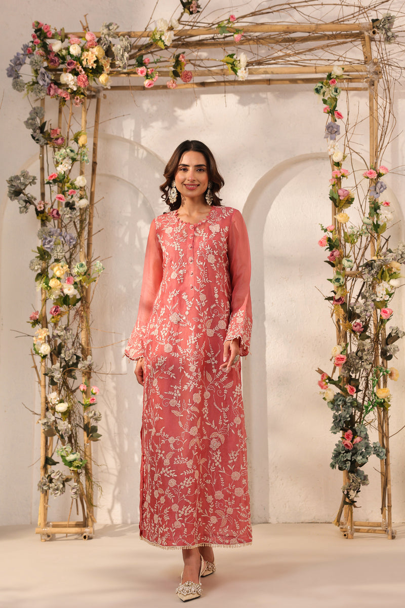Vaayu Pink Heavy Jaal Kurta Set organza , silk tencel kurta/kurta set by Niti Bothra in pink for women Worldwide
