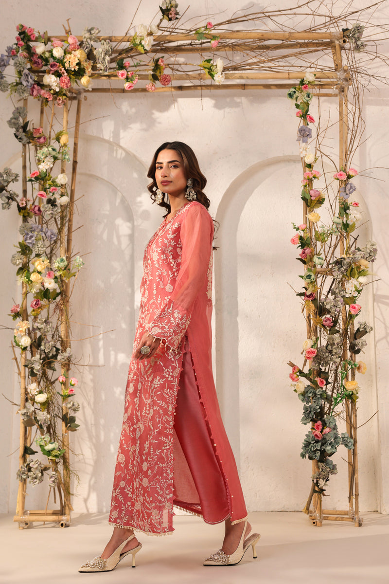 Vaayu Pink Heavy Jaal Kurta Set organza , silk tencel kurta/kurta set by Niti Bothra in pink for women Worldwide