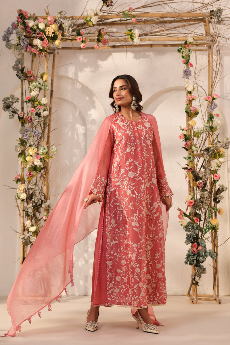 Vaayu Pink Heavy Jaal Kurta Set organza , silk tencel kurta/kurta set by Niti Bothra in pink for women Worldwide