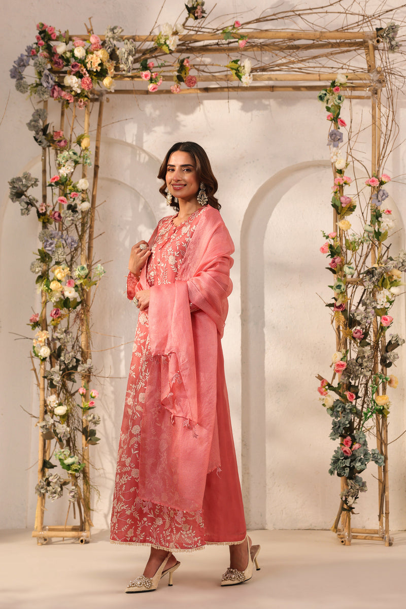 Vaayu Pink Heavy Jaal Kurta Set organza , silk tencel kurta/kurta set by Niti Bothra in pink for women Worldwide