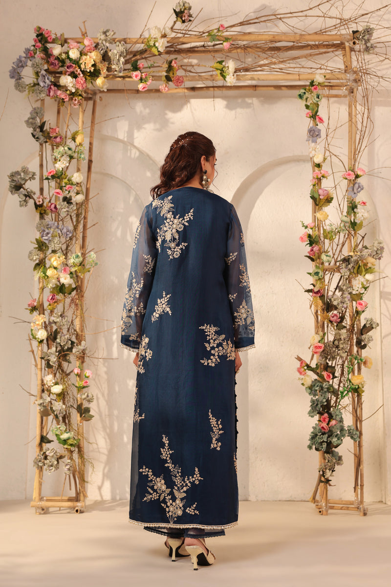 Vaayu Dark Blue Jaal Straight kurta Set organza , silk tencel kurta/kurta set by Niti Bothra in dark blue for women Worldwide