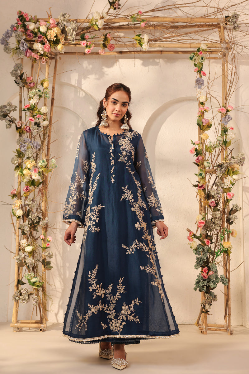 Vaayu Dark Blue Jaal Straight kurta Set organza , silk tencel kurta/kurta set by Niti Bothra in dark blue for women Worldwide