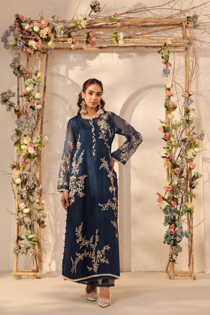 Vaayu Dark Blue Jaal Straight kurta Set organza , silk tencel kurta/kurta set by Niti Bothra in dark blue for women Worldwide