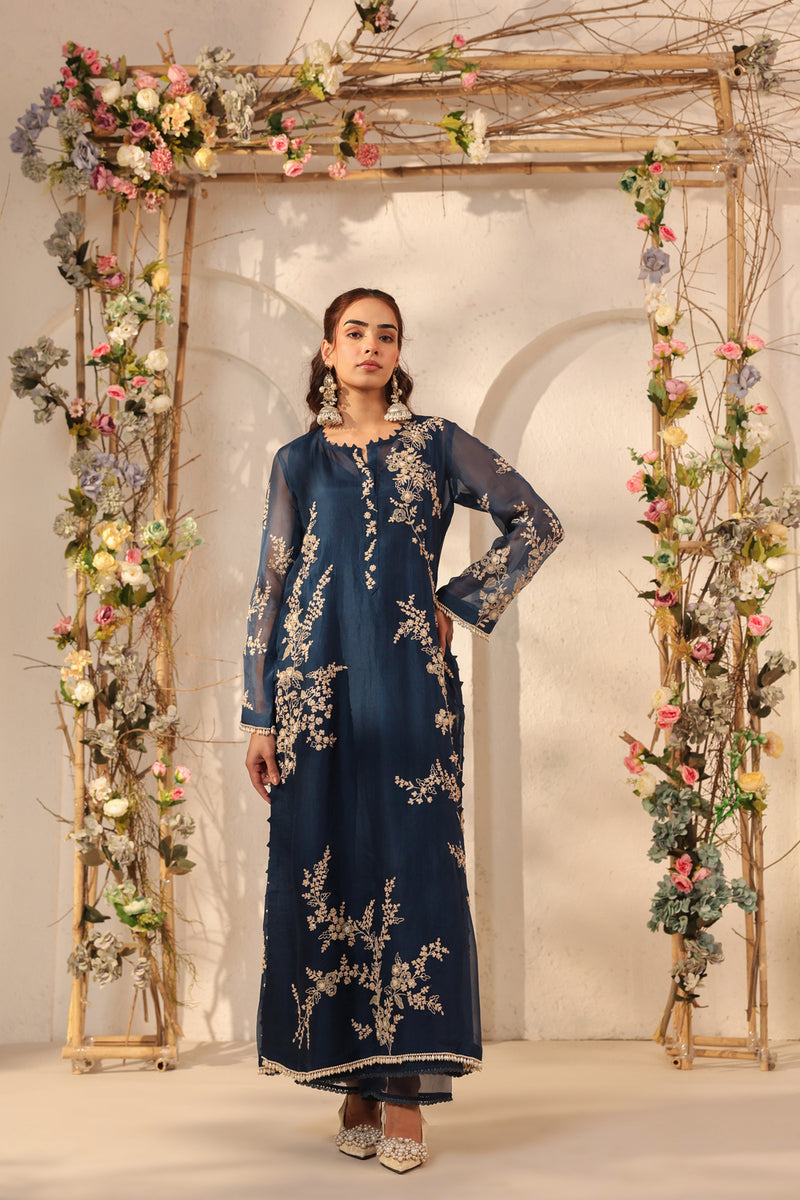 Vaayu Dark Blue Jaal Straight kurta Set organza , silk tencel kurta/kurta set by Niti Bothra in dark blue for women Worldwide