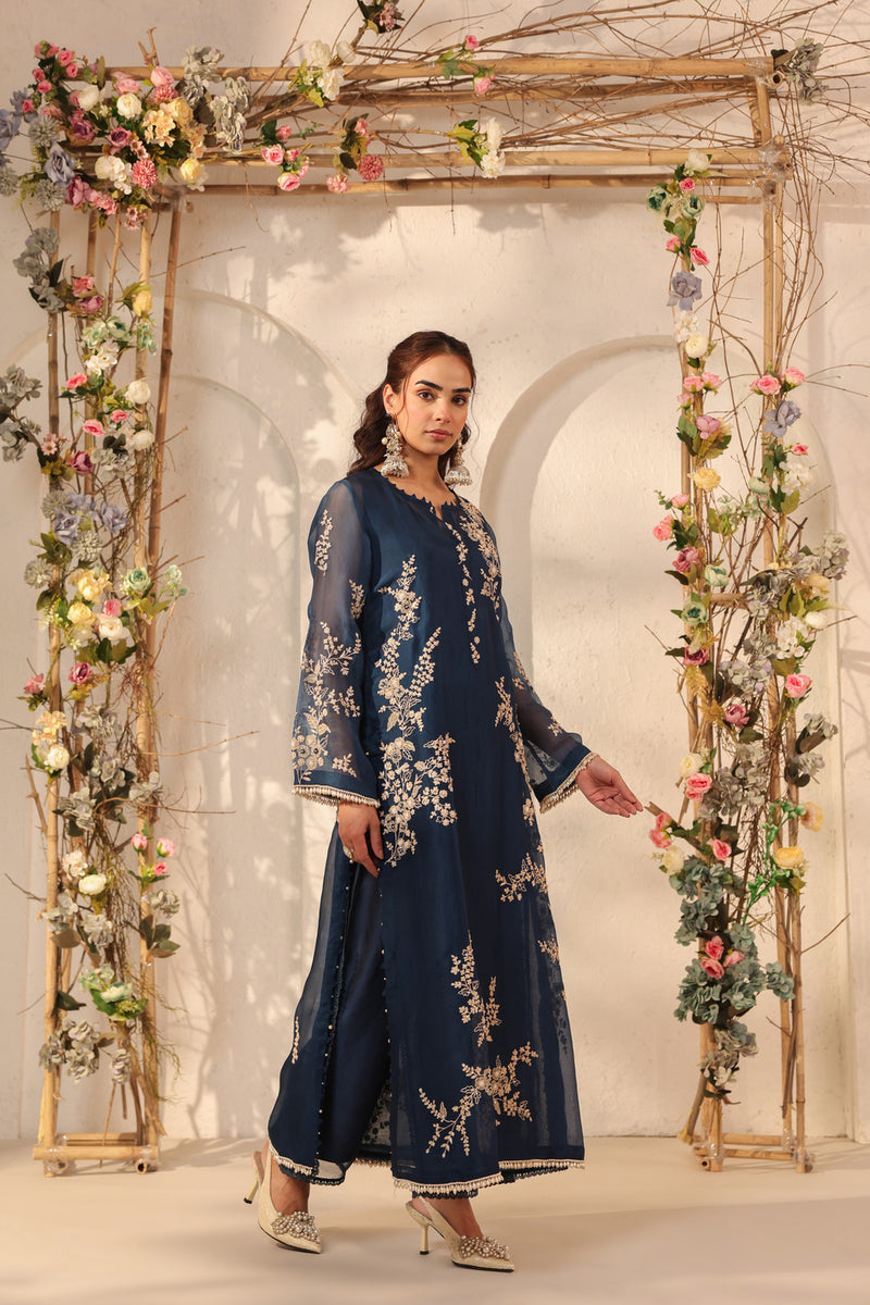 Vaayu Dark Blue Jaal Straight kurta Set organza , silk tencel kurta/kurta set by Niti Bothra in dark blue for women Worldwide