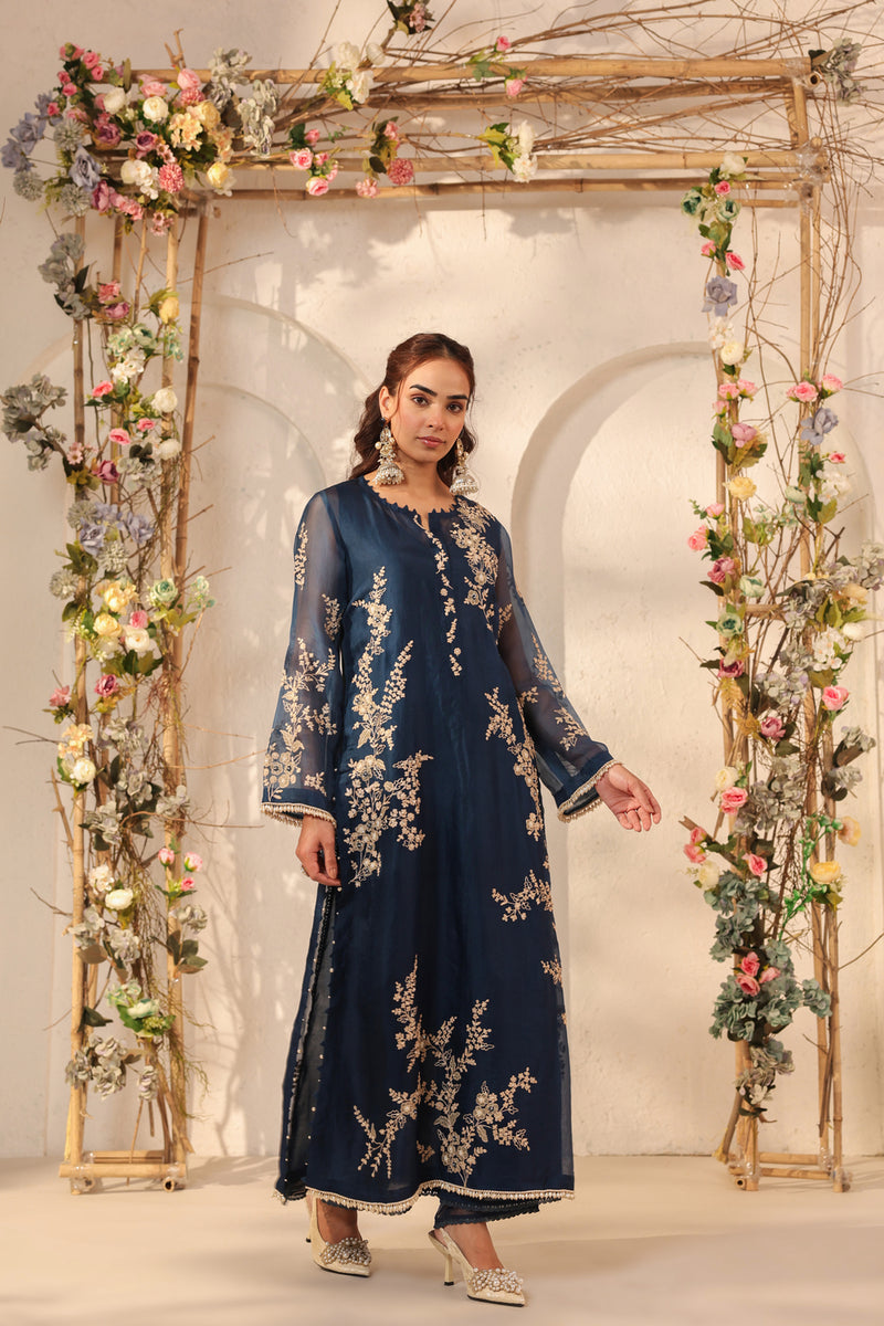 Vaayu Dark Blue Jaal Straight kurta Set organza , silk tencel kurta/kurta set by Niti Bothra in dark blue for women Worldwide