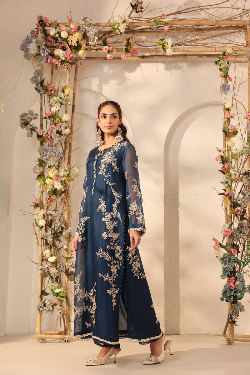 Vaayu Dark Blue Jaal Straight kurta Set organza , silk tencel kurta/kurta set by Niti Bothra in dark blue for women Worldwide
