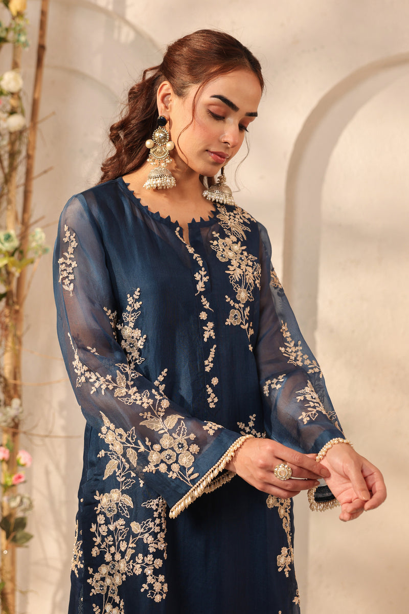 Vaayu Dark Blue Jaal Straight kurta Set organza , silk tencel kurta/kurta set by Niti Bothra in dark blue for women Worldwide