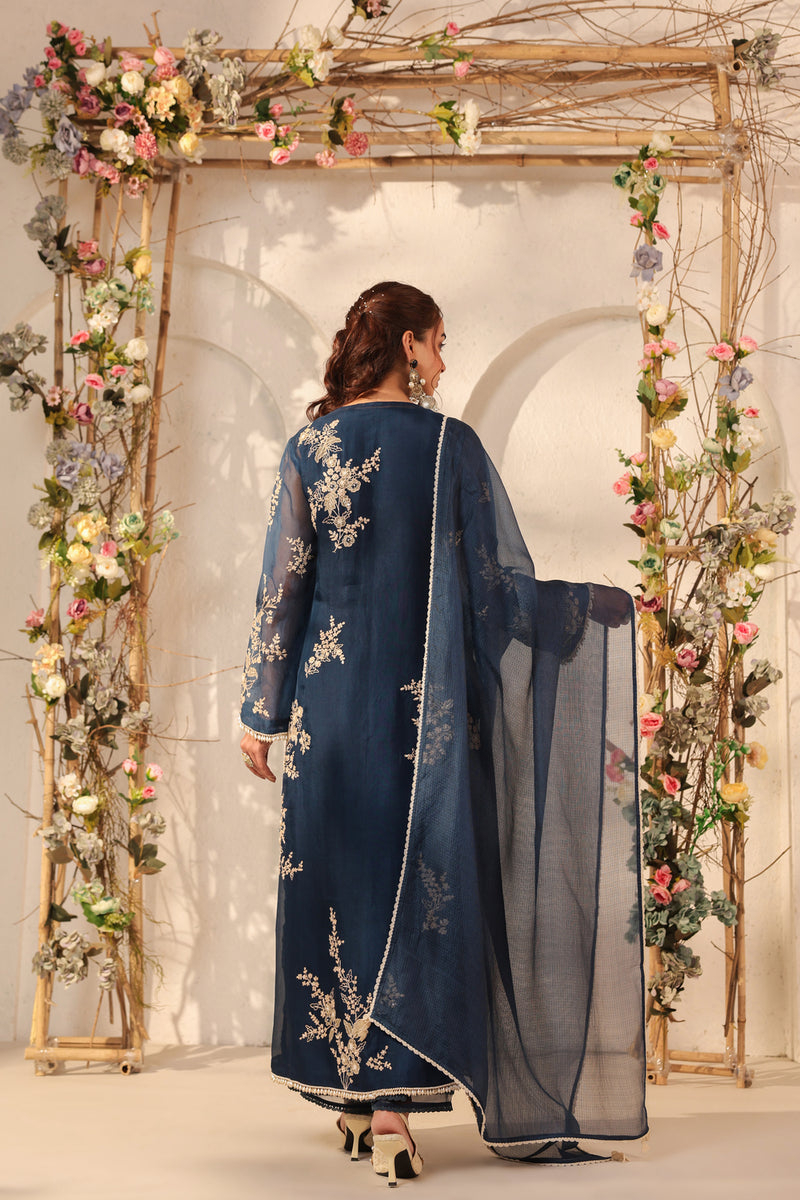 Vaayu Dark Blue Jaal Straight kurta Set organza , silk tencel kurta/kurta set by Niti Bothra in dark blue for women Worldwide