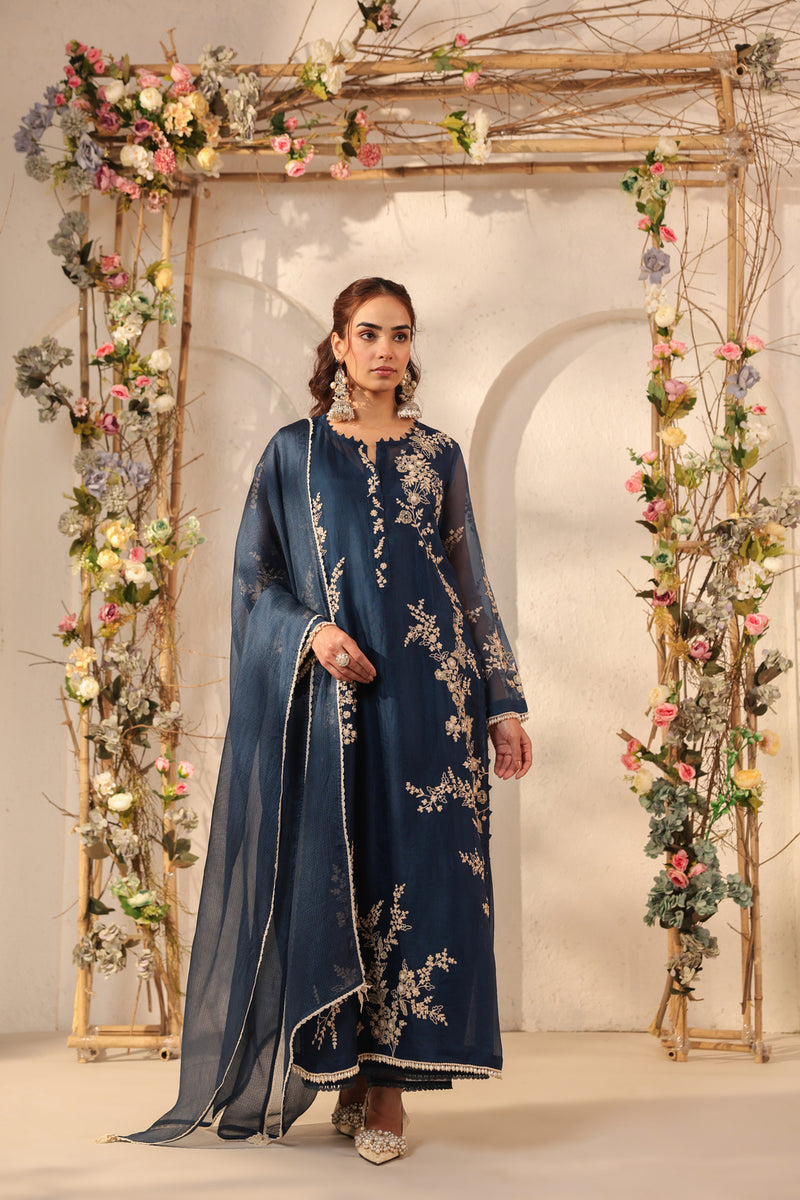 Vaayu Dark Blue Jaal Straight kurta Set organza , silk tencel kurta/kurta set by Niti Bothra in dark blue for women Worldwide