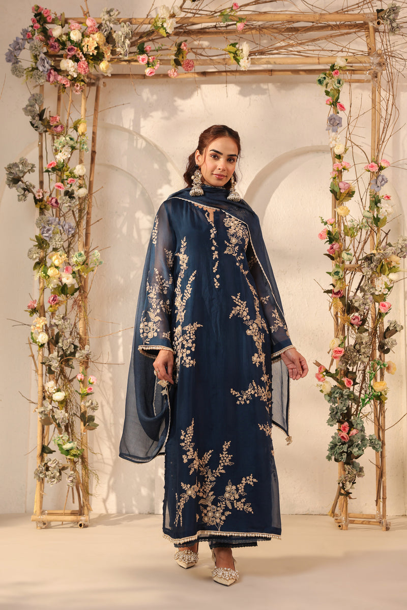 Vaayu Dark Blue Jaal Straight kurta Set organza , silk tencel kurta/kurta set by Niti Bothra in dark blue for women Worldwide