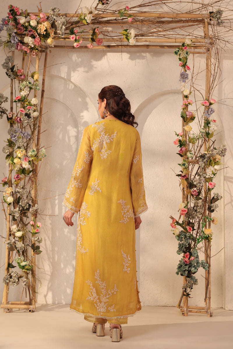 Vaayu Yellow Jaal Straight kurta Set organza , silk tencel kurta/kurta set by Niti Bothra in yellow for women Worldwide
