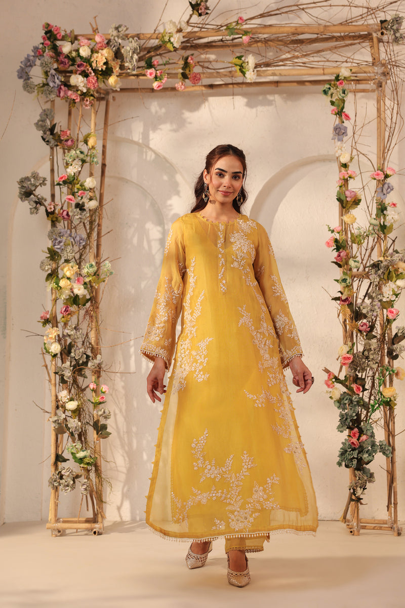 Vaayu Yellow Jaal Straight kurta Set organza , silk tencel kurta/kurta set by Niti Bothra in yellow for women Worldwide