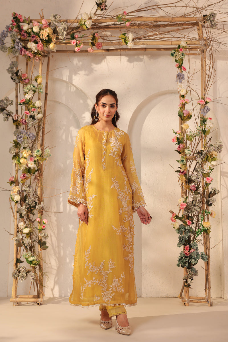 Vaayu Yellow Jaal Straight kurta Set organza , silk tencel kurta/kurta set by Niti Bothra in yellow for women Worldwide