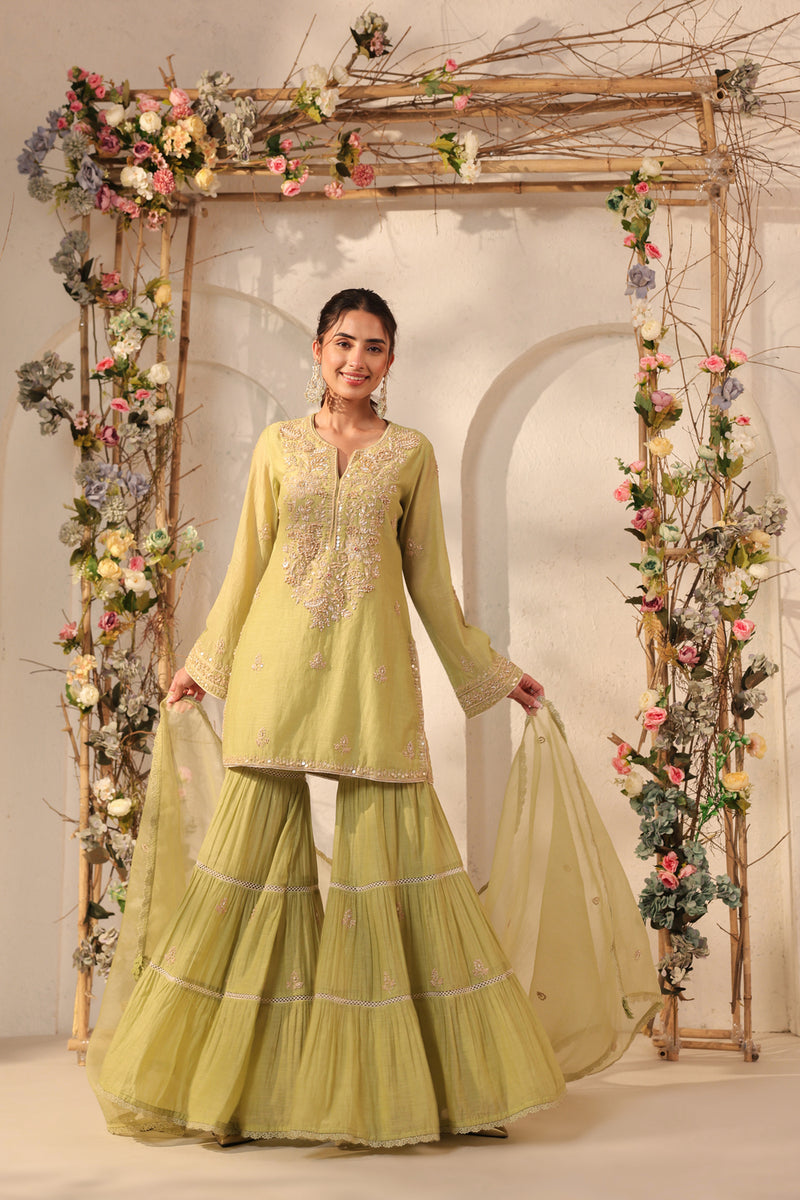 Vaayu Green Sharara Set silk chanderi kurta/kurta set by Niti Bothra in green for women Worldwide
