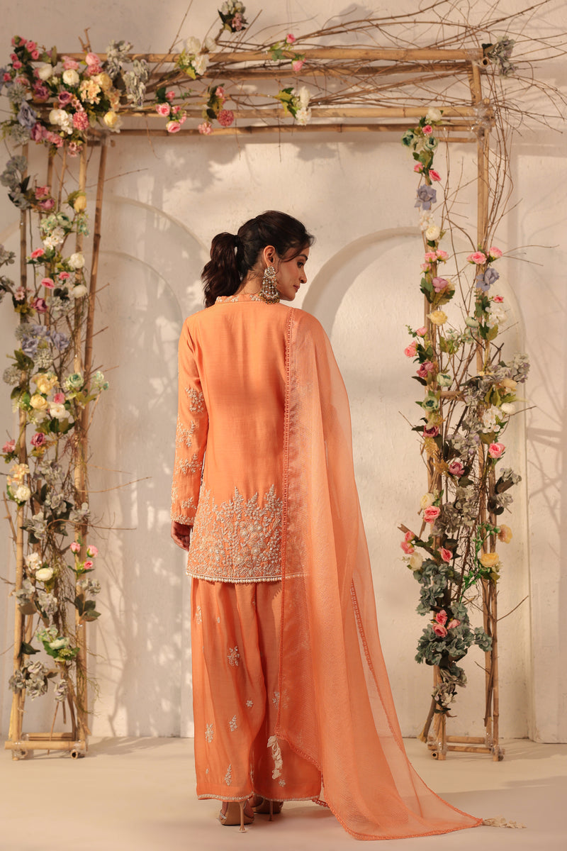Vaayu Orange Heavy Short Kurta Set modal silk kurta/kurta set by Niti Bothra in orange for women Worldwide