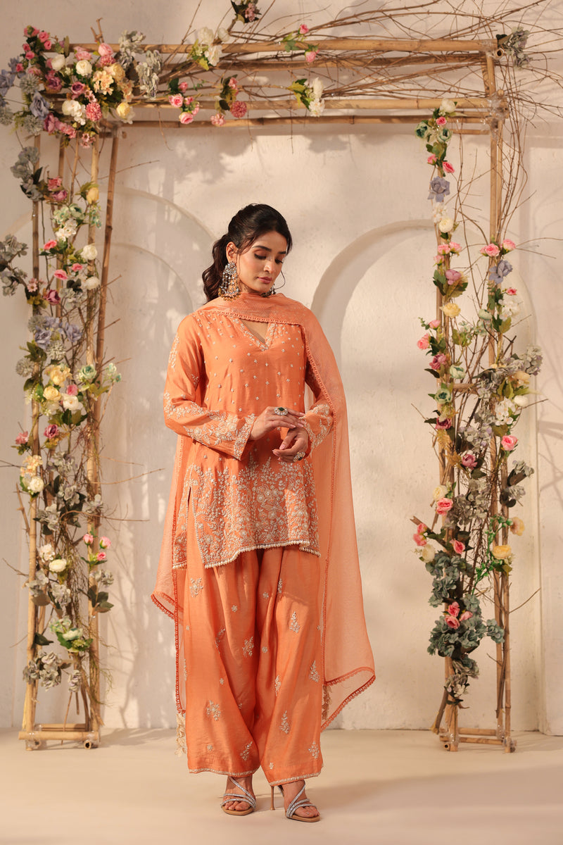 Vaayu Orange Heavy Short Kurta Set modal silk kurta/kurta set by Niti Bothra in orange for women Worldwide
