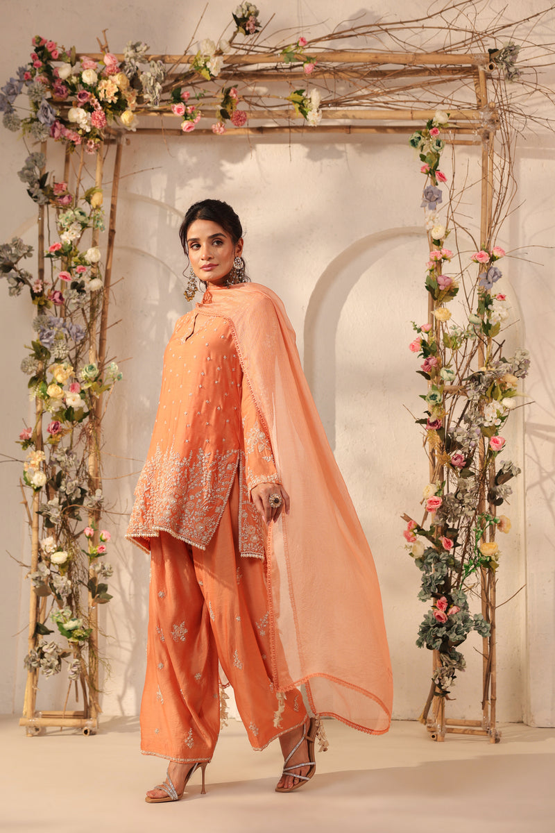 Vaayu Orange Heavy Short Kurta Set modal silk kurta/kurta set by Niti Bothra in orange for women Worldwide