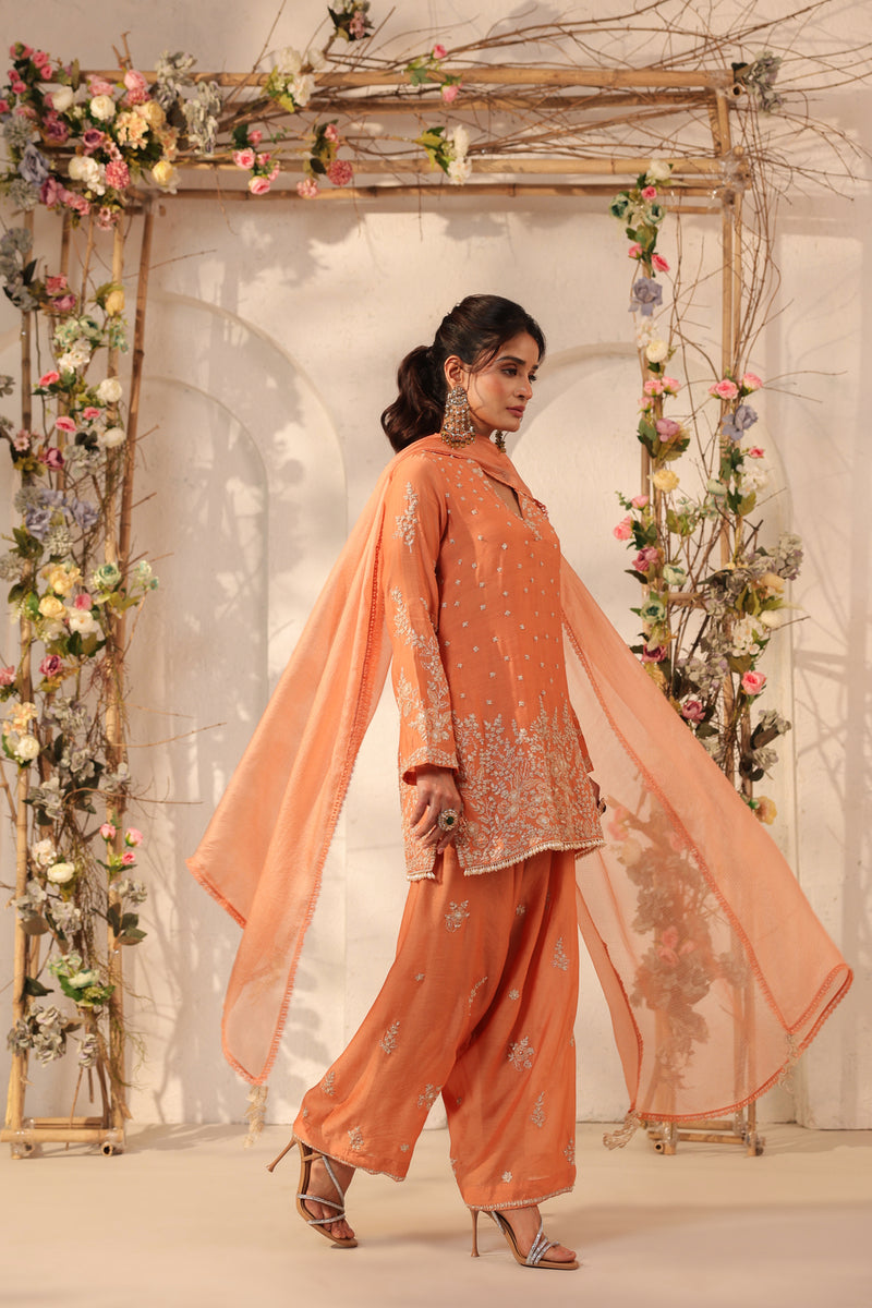 Vaayu Orange Heavy Short Kurta Set modal silk kurta/kurta set by Niti Bothra in orange for women Worldwide