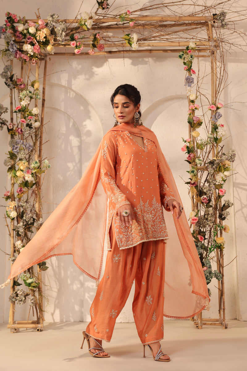 Vaayu Orange Heavy Short Kurta Set modal silk kurta/kurta set by Niti Bothra in orange for women Worldwide