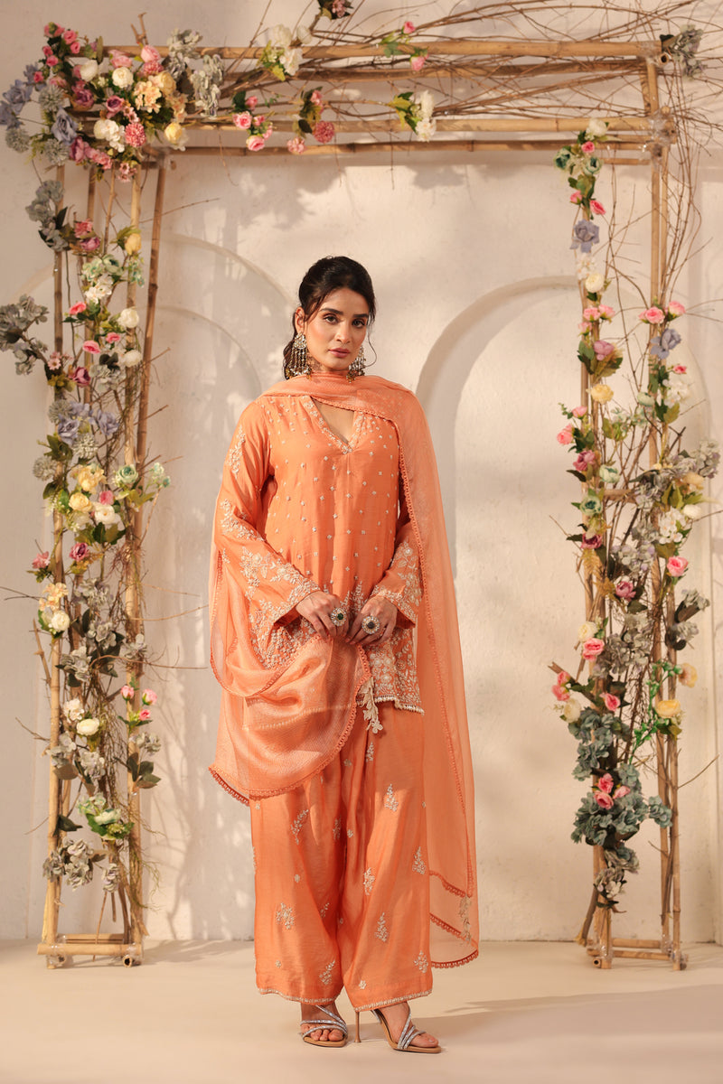 Vaayu Orange Heavy Short Kurta Set modal silk kurta/kurta set by Niti Bothra in orange for women Worldwide