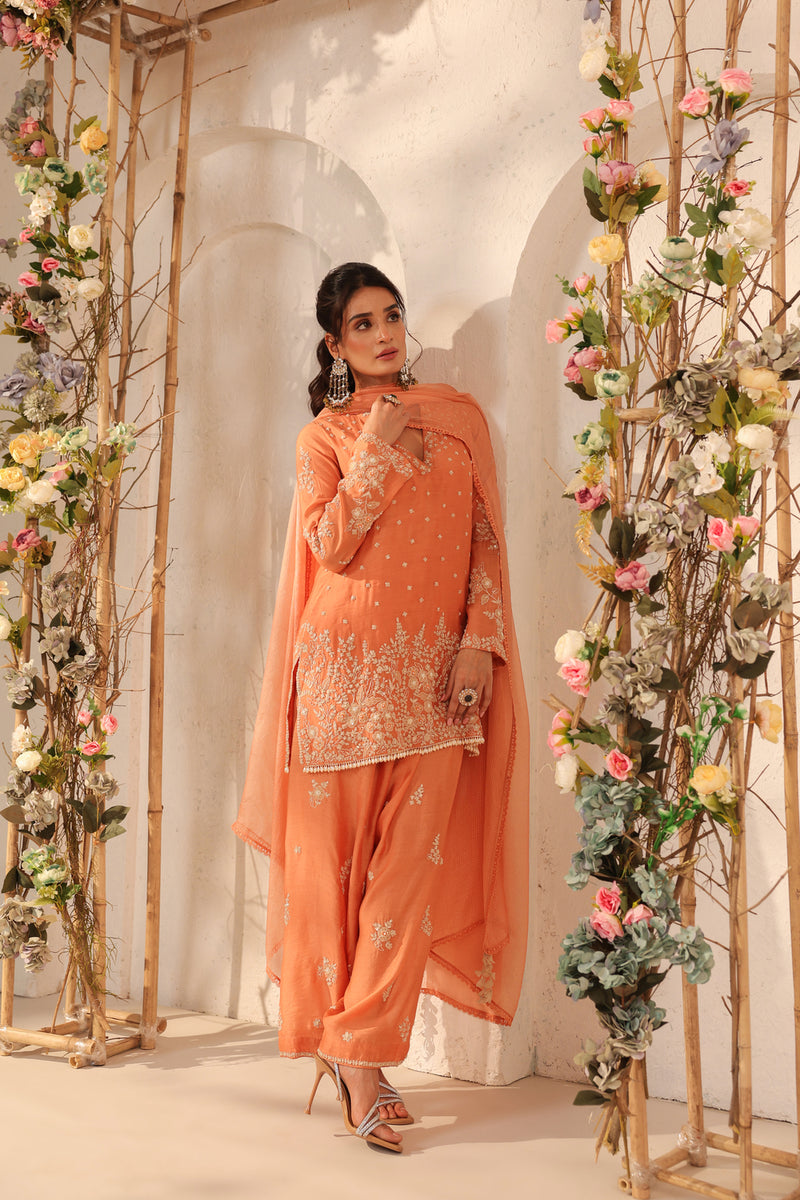 Vaayu Orange Heavy Short Kurta Set modal silk kurta/kurta set by Niti Bothra in orange for women Worldwide