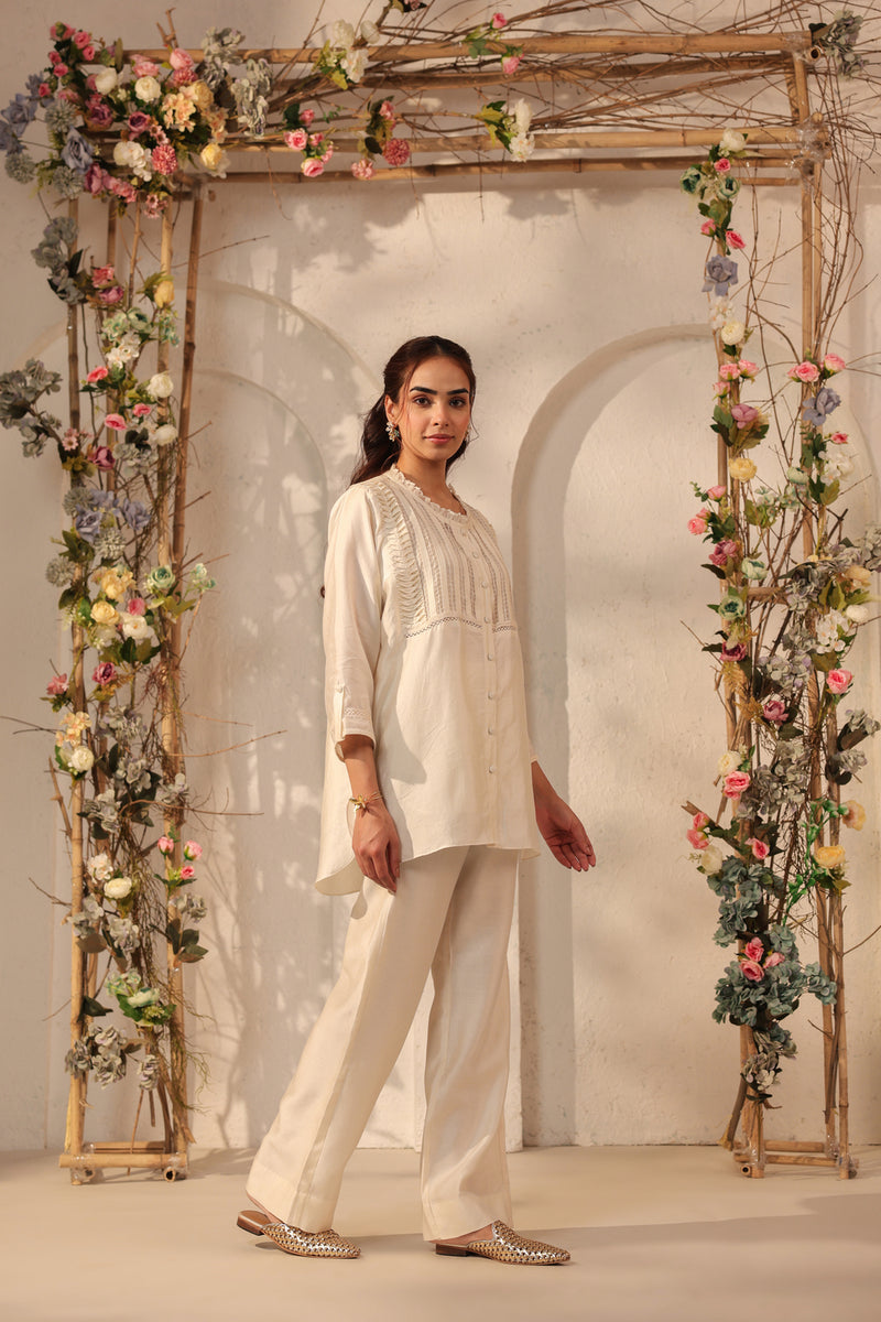 Vaayu Ivory Pintuck co-ord Set silk tencel kurta/kurta set by Niti Bothra in ivory for women Worldwide